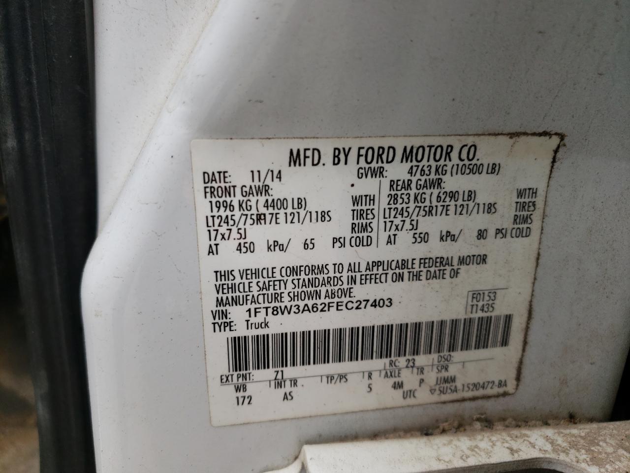 Photo 10 from auction – 2015 FORD F350 SUPER with VIN 1FT8W3A62FEC27403