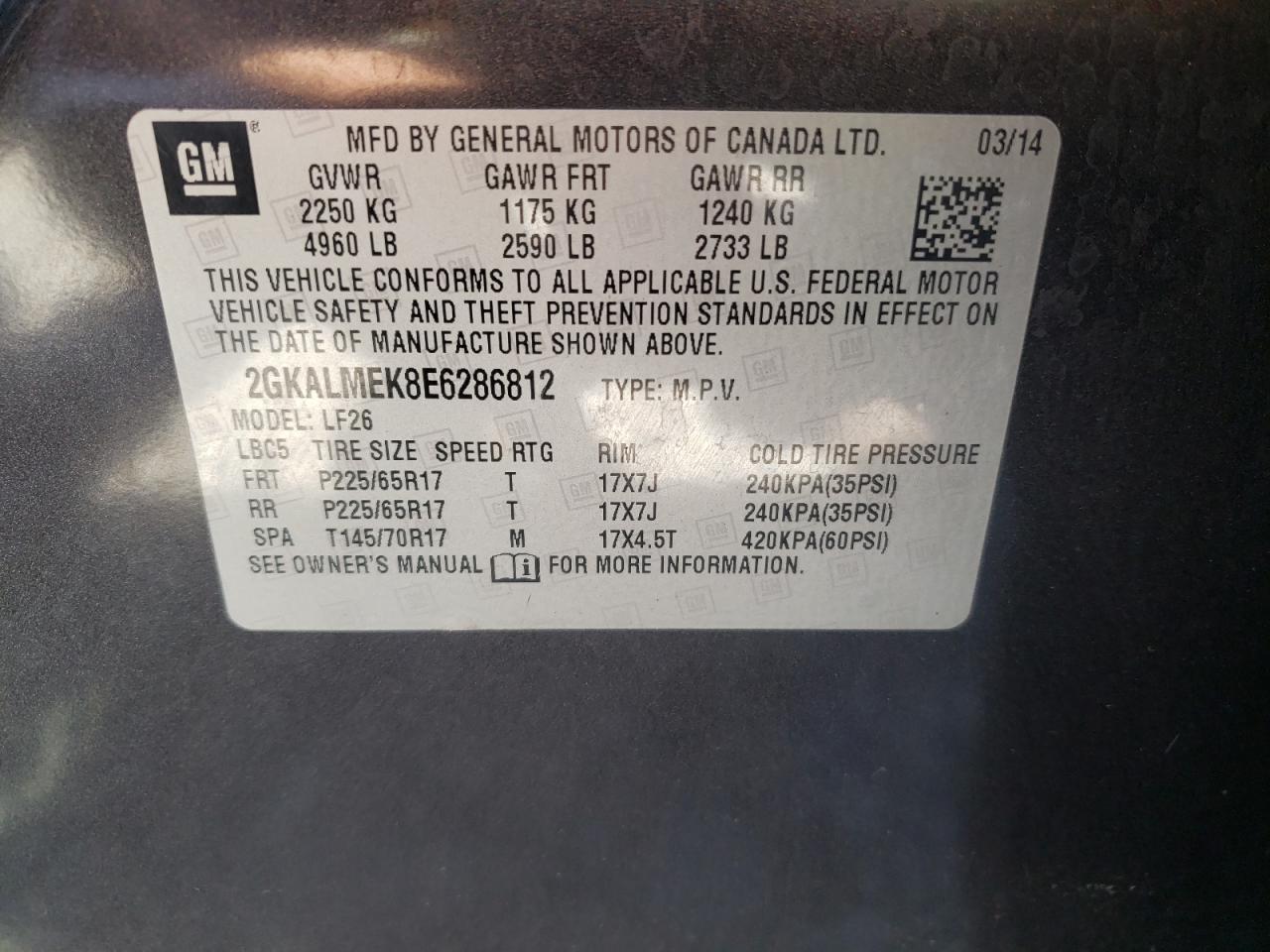 Photo 10 from auction – 2014 GMC TERRAIN SL with VIN 2GKALMEK8E6286812