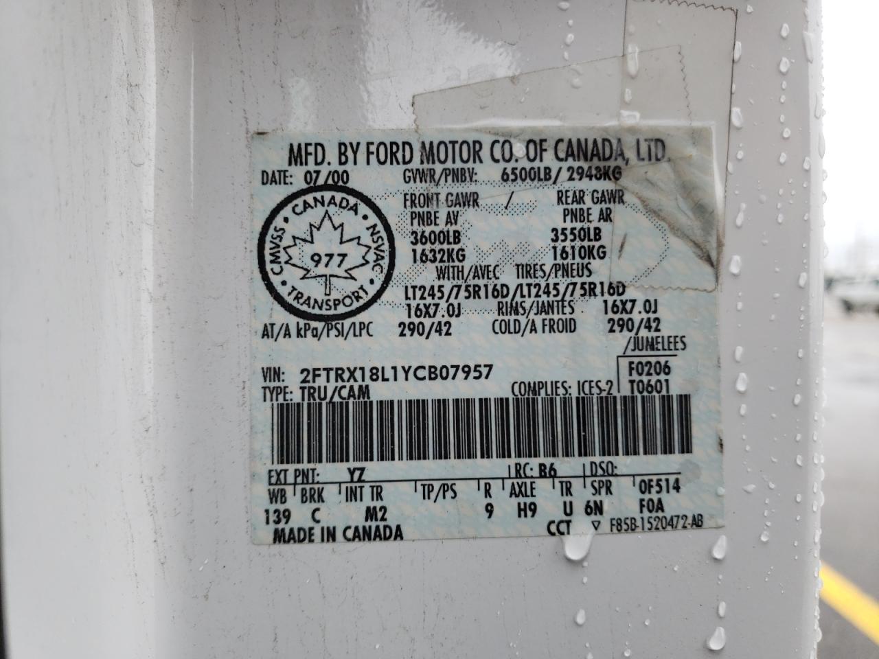 Photo 10 from auction – 2000 FORD F150 with VIN 2FTRX18L1YCB07957