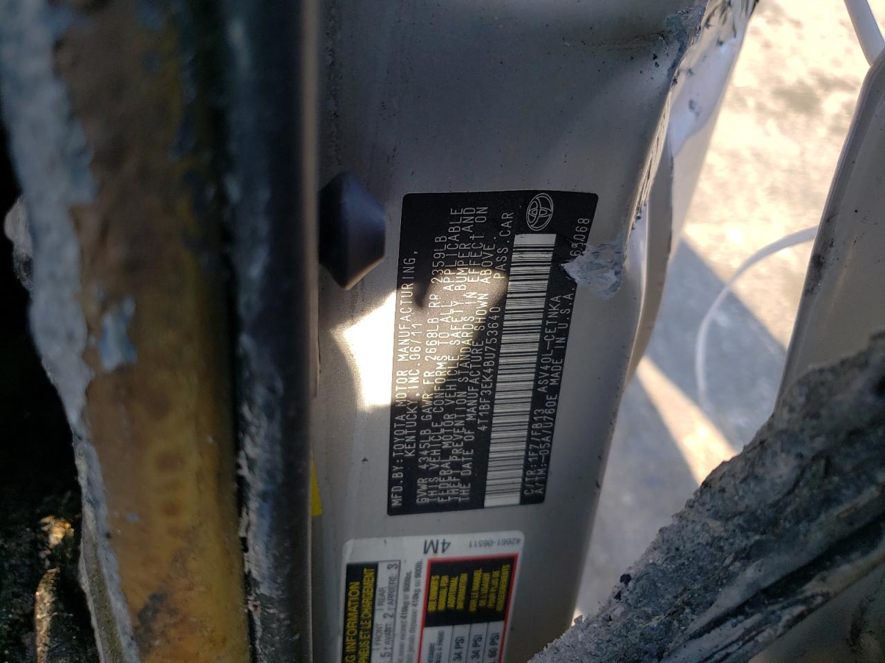 Photo 11 from auction – 2011 TOYOTA CAMRY BASE with VIN 4T1BF3EK4BU753640