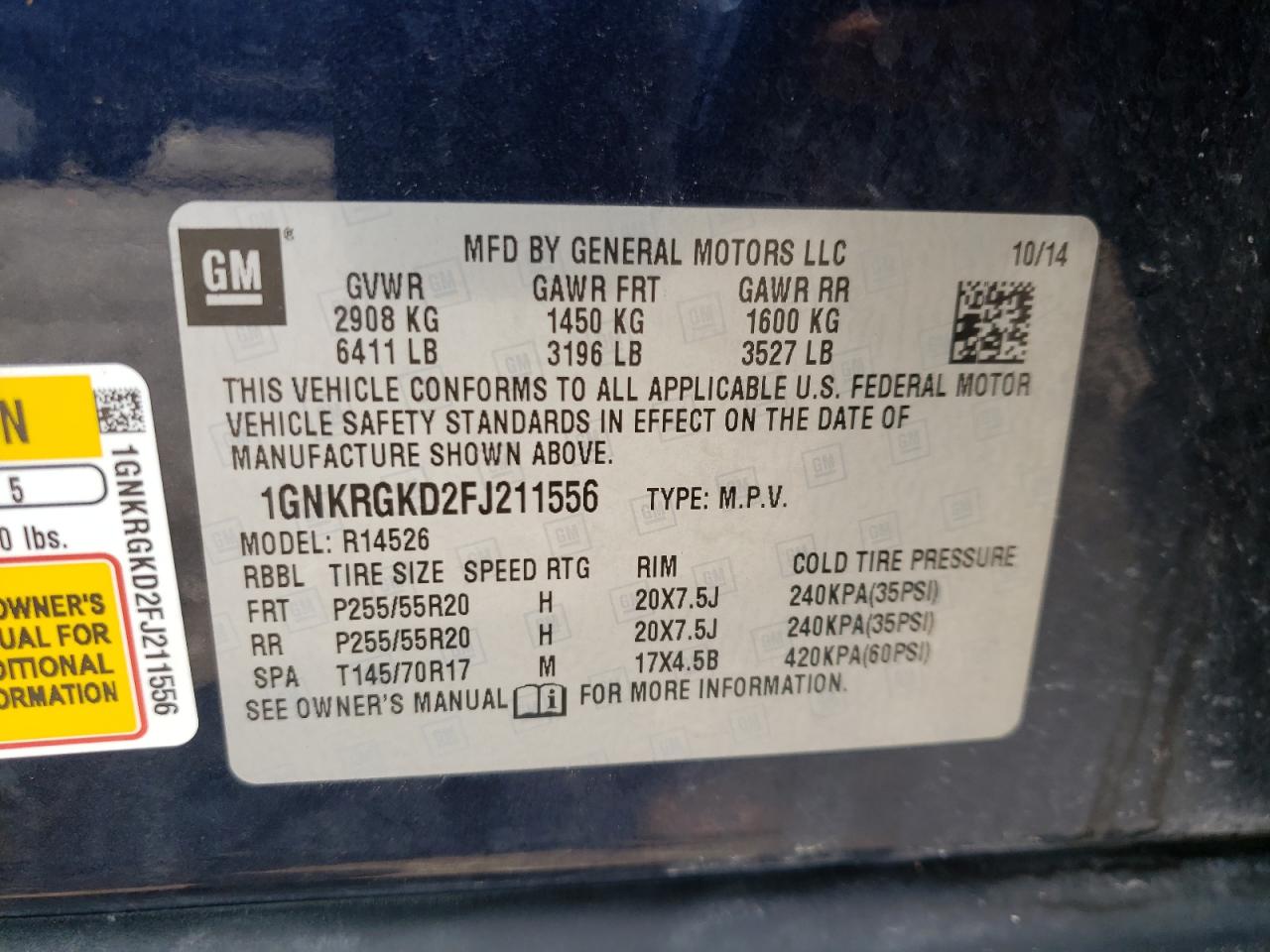 Photo 11 from auction – 2015 CHEVROLET TRAVERSE L with VIN 1GNKRGKD2FJ211556
