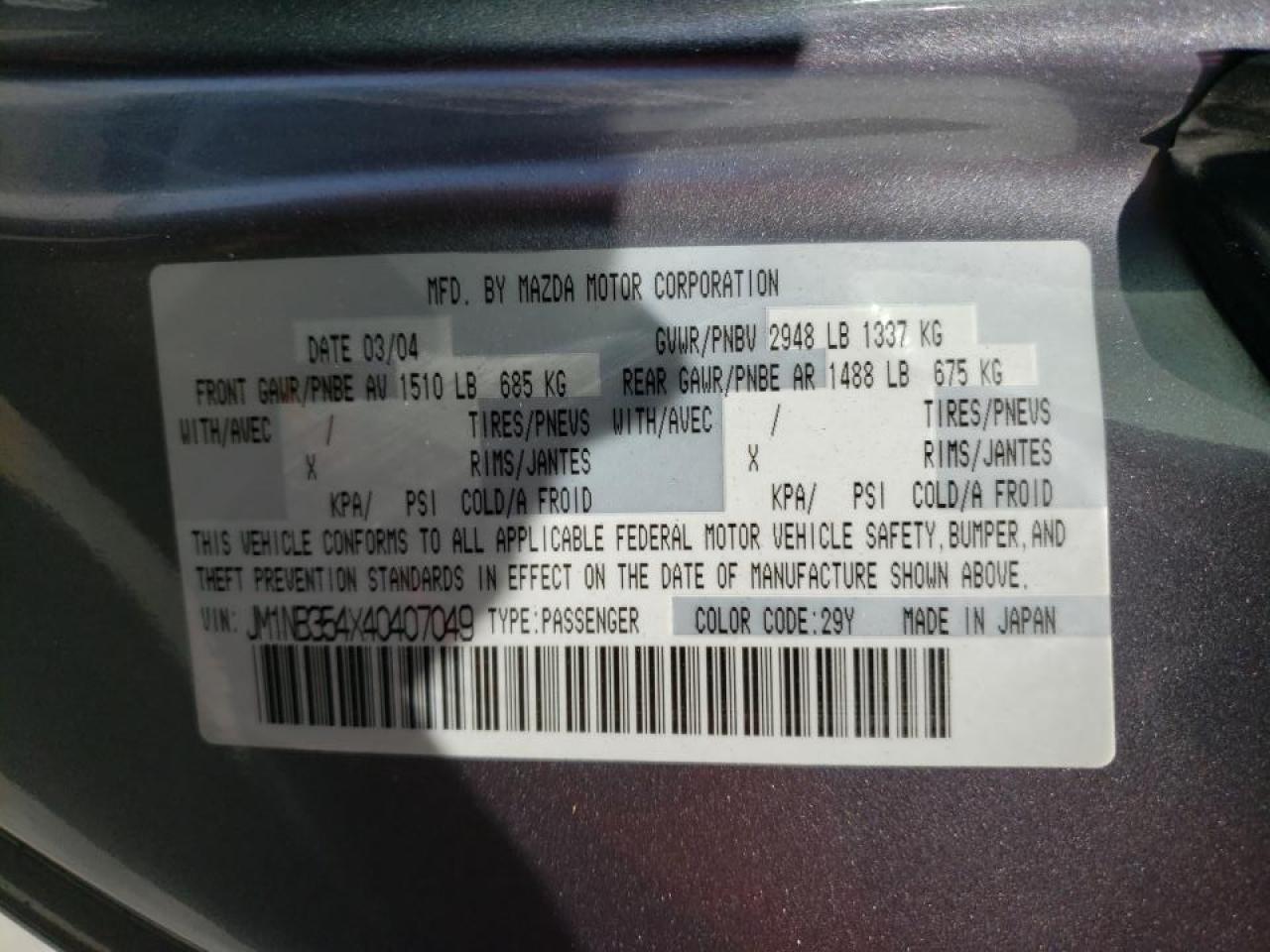 Photo 10 from auction – 2004 MAZDA MX-5 MIATA with VIN JM1NB354X40407049