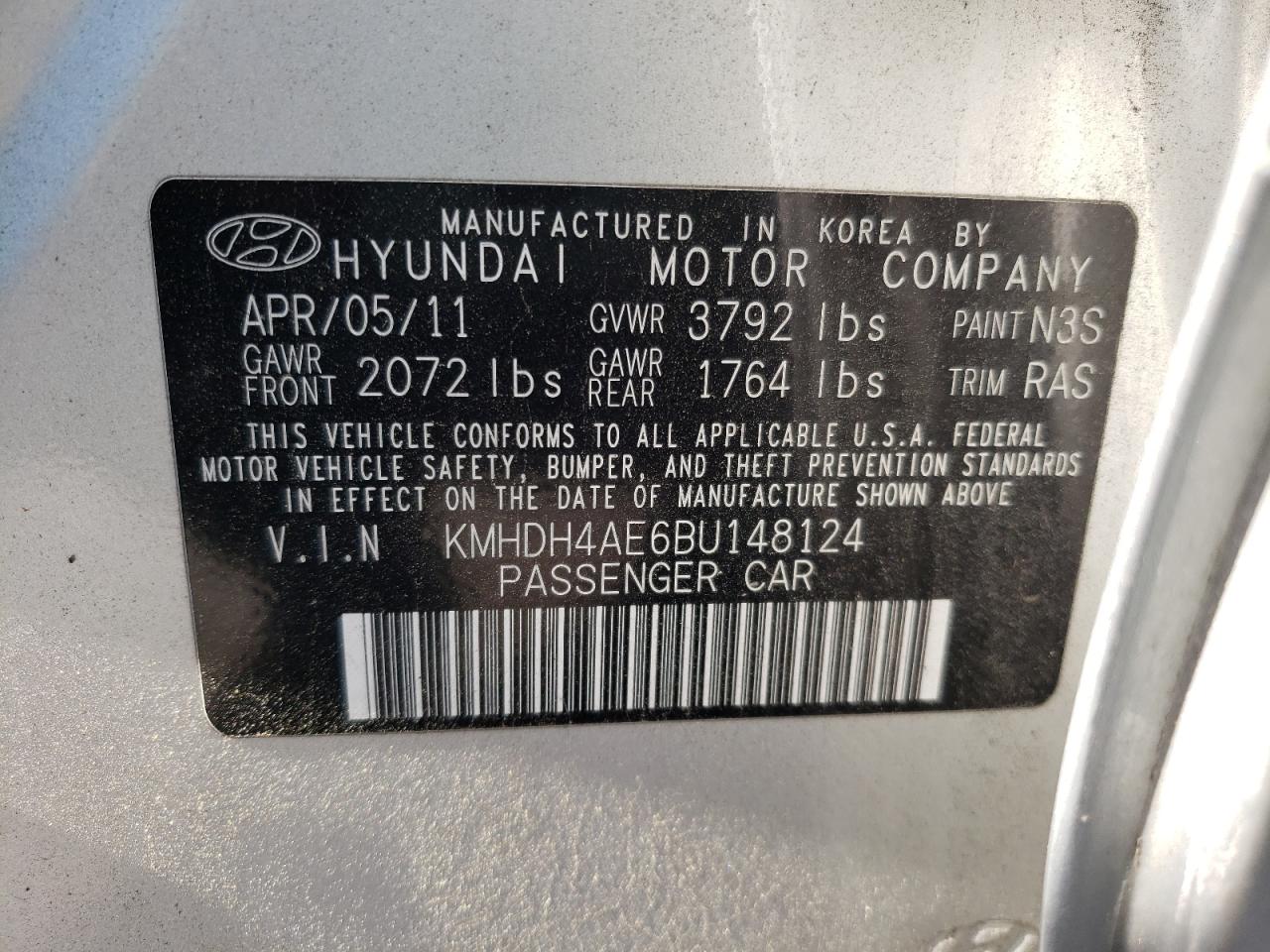 Photo 9 from auction – 2011 HYUNDAI ELANTRA GL with VIN KMHDH4AE6BU148124