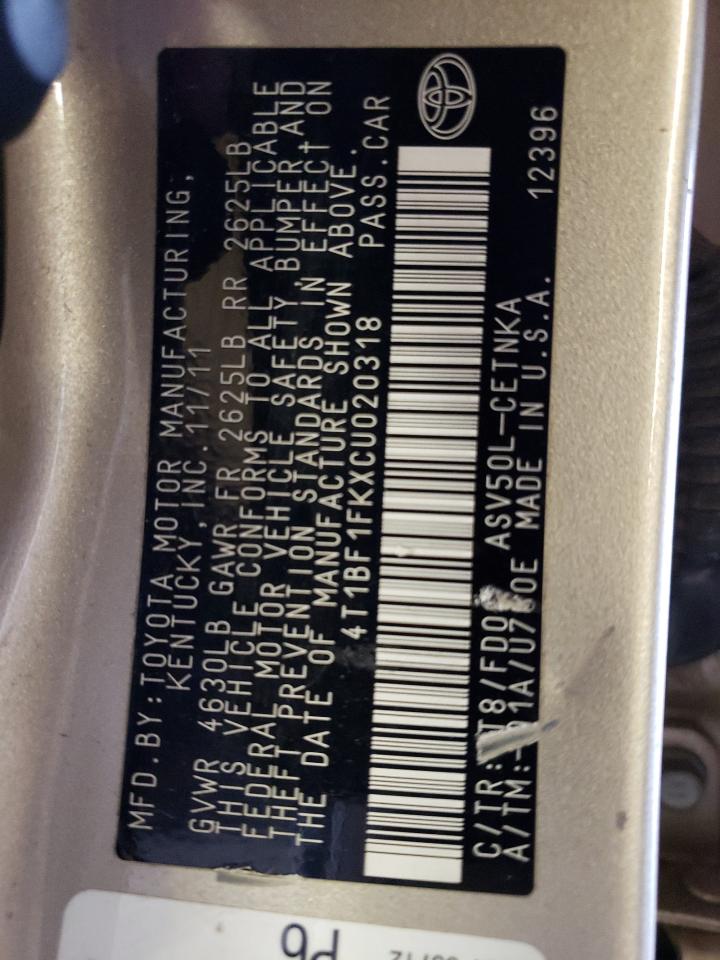Photo 10 from auction – 2012 TOYOTA CAMRY BASE with VIN 4T1BF1FKXCU020318