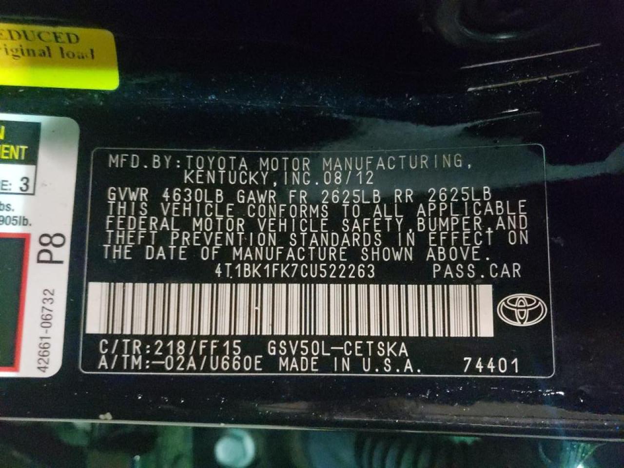 Photo 10 from auction – 2012 TOYOTA CAMRY SE with VIN 4T1BK1FK7CU522263