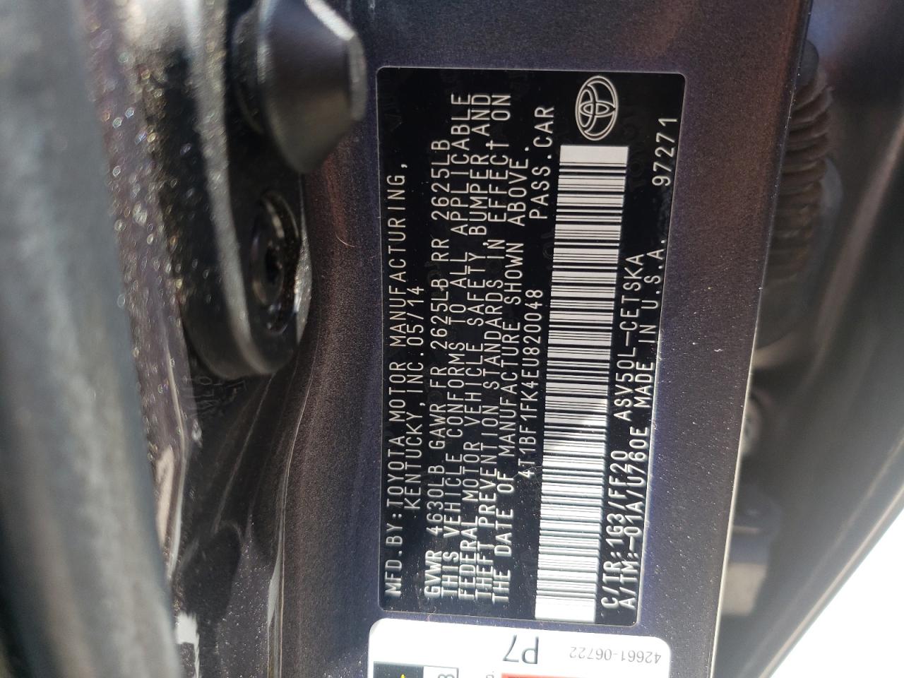 Photo 10 from auction – 2014 TOYOTA CAMRY L with VIN 4T1BF1FK4EU820048