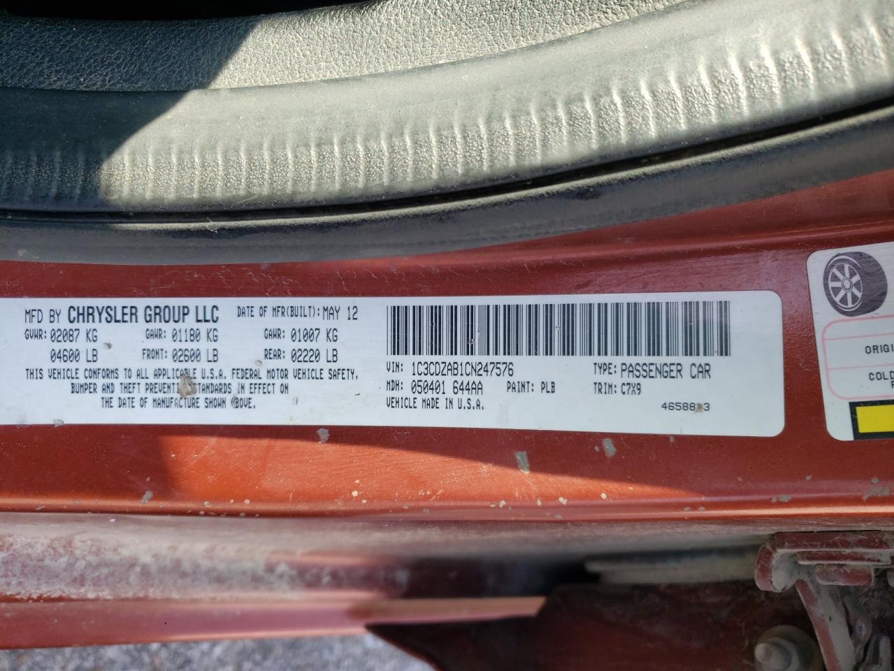 Photo 10 from auction – 2012 DODGE AVENGER SE with VIN 1C3CDZAB1CN247576