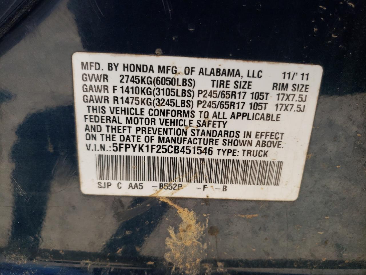 Photo 10 from auction – 2012 HONDA RIDGELINE with VIN 5FPYK1F25CB451546