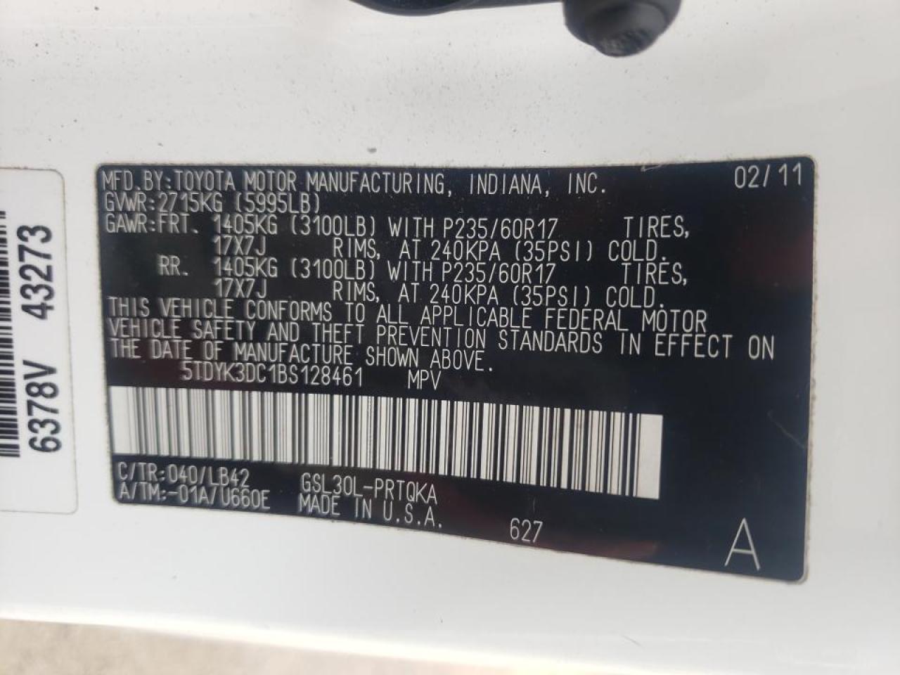 Photo 10 from auction – 2011 TOYOTA SIENNA XLE with VIN 5TDYK3DC1BS128461