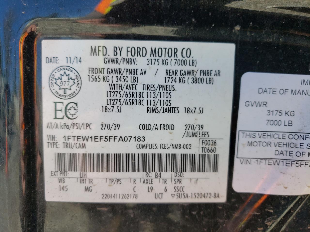 Photo 10 from auction – 2015 FORD F150 SUPER with VIN 1FTEW1EF5FFA07183