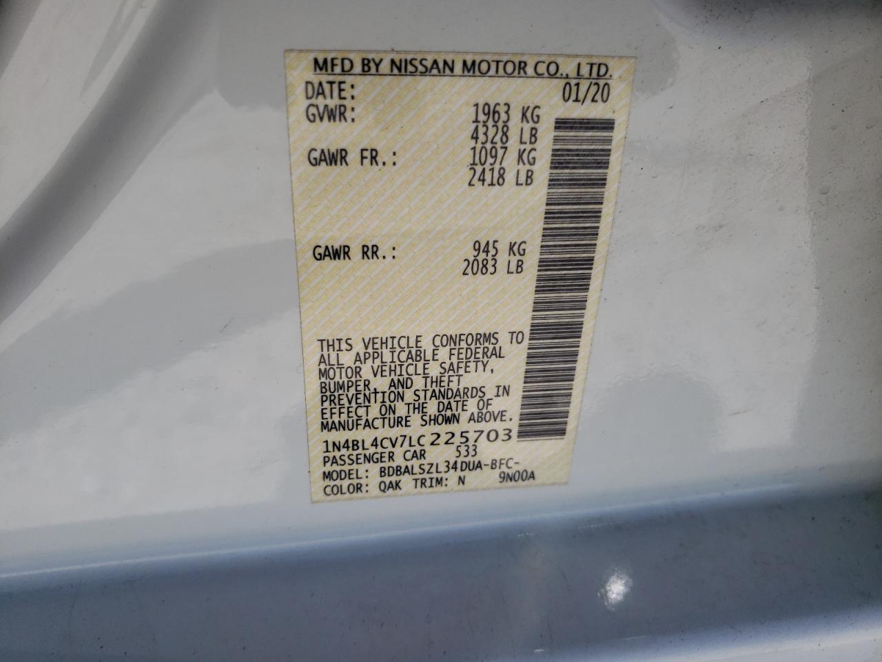 Photo 10 from auction – 2020 NISSAN ALTIMA SR with VIN 1N4BL4CV7LC225703