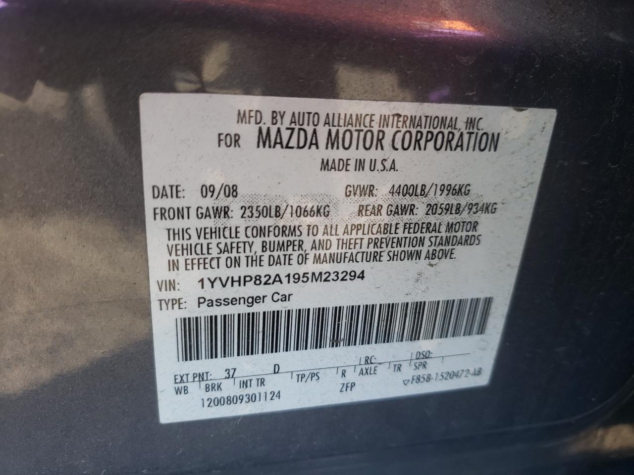 Photo 10 from auction – 2009 MAZDA 6 I with VIN 1YVHP82A195M23294