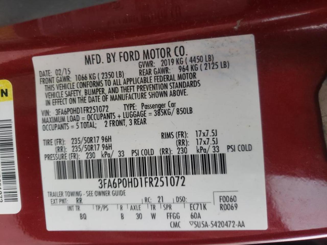 Photo 10 from auction – 2015 FORD FUSION SE with VIN 3FA6P0HD1FR251072