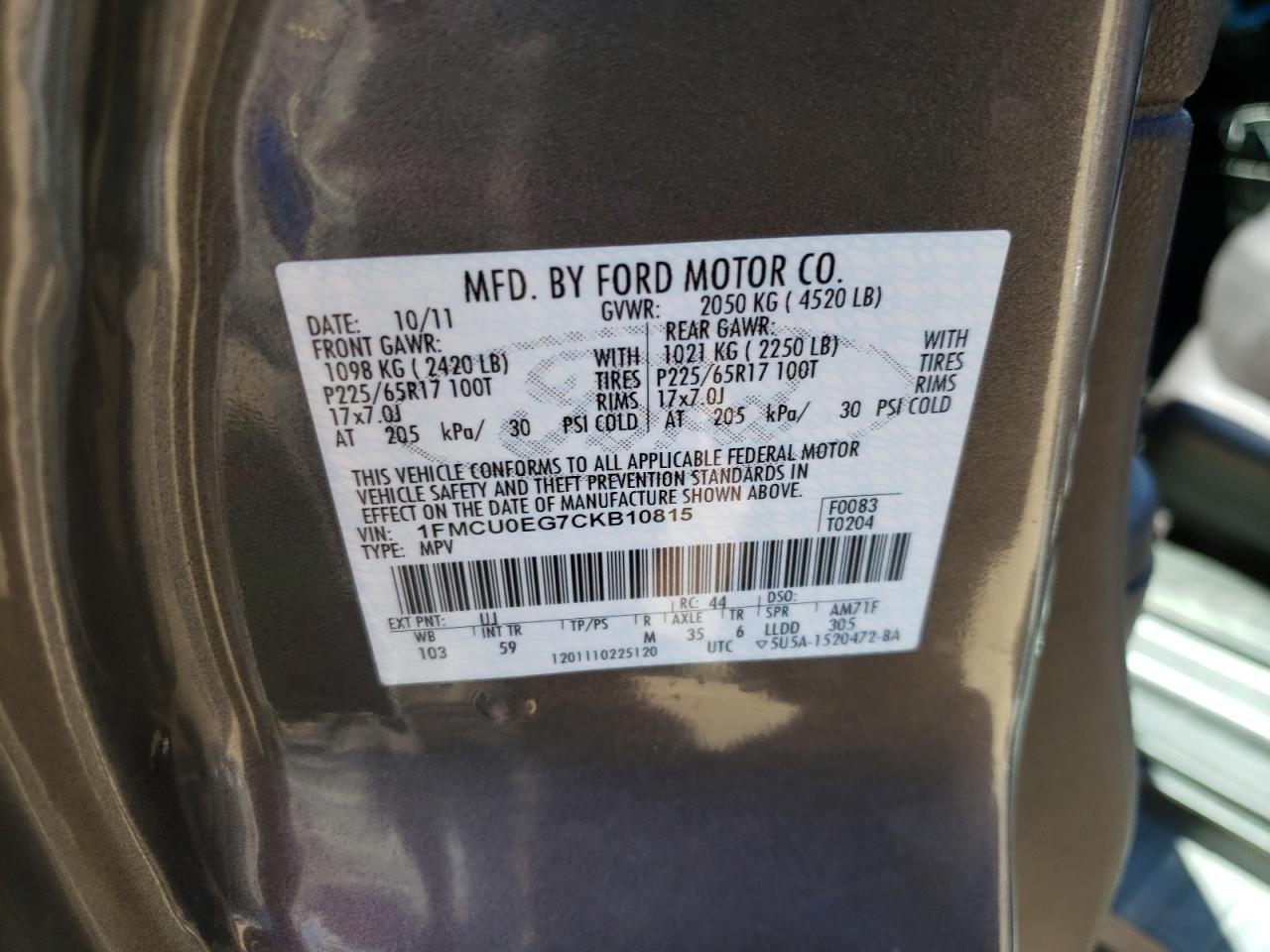 Photo 10 from auction – 2012 FORD ESCAPE LIM with VIN 1FMCU0EG7CKB10815