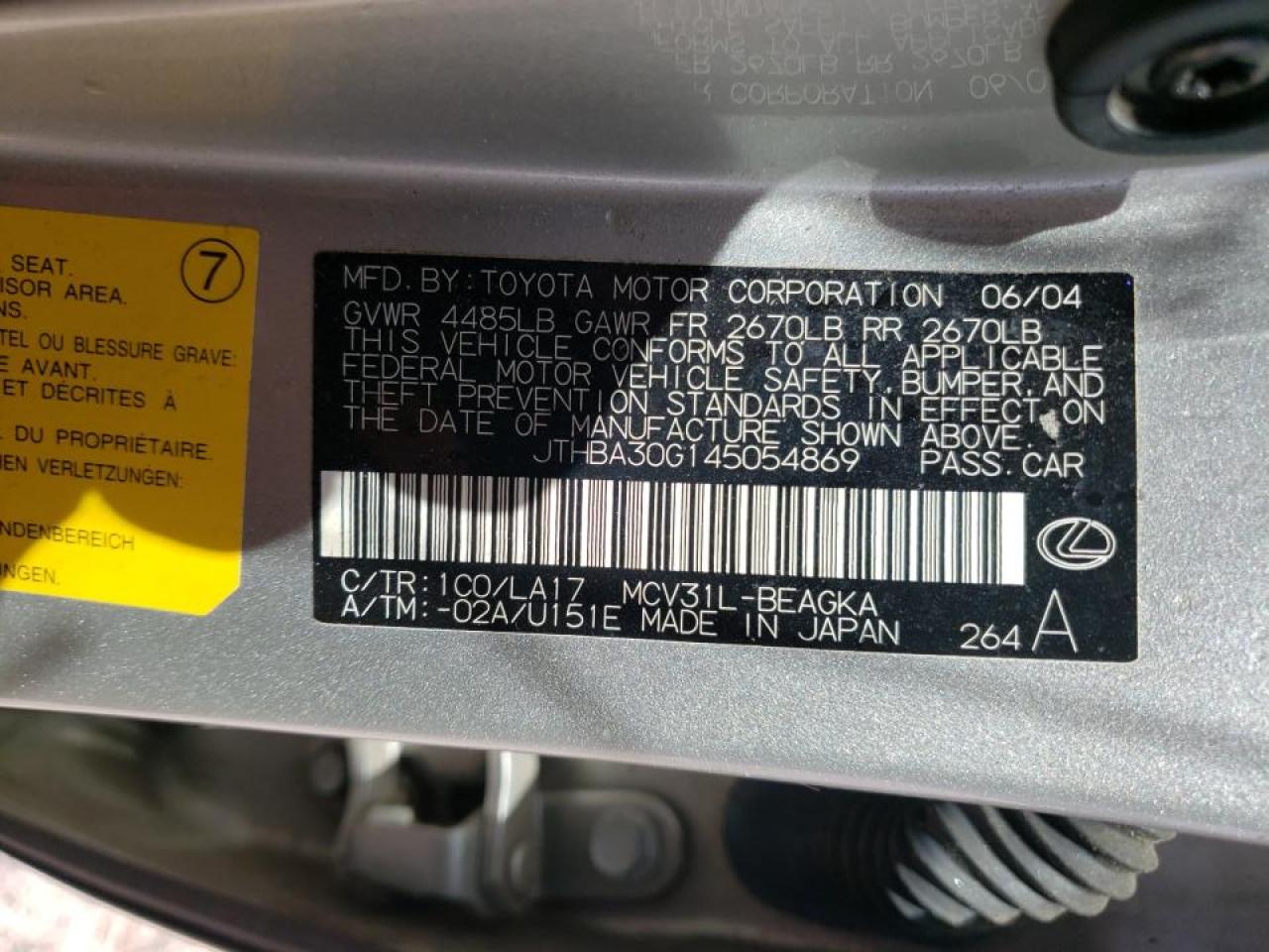 Photo 10 from auction – 2004 LEXUS ES330 with VIN JTHBA30G145054869