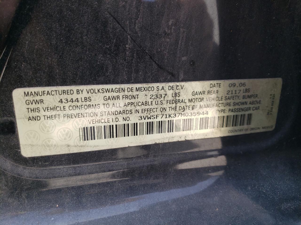 Photo 10 from auction – 2007 VOLKSWAGEN JETTA 2.5 with VIN 3VWSF71K37M035944