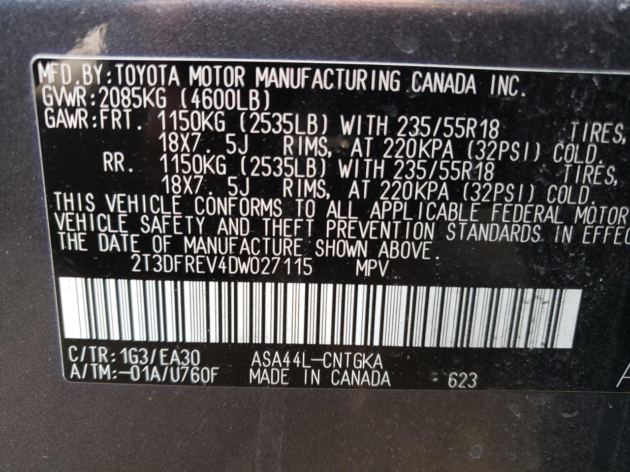 Photo 10 from auction – 2013 TOYOTA RAV4 LIMIT with VIN 2T3DFREV4DW027115