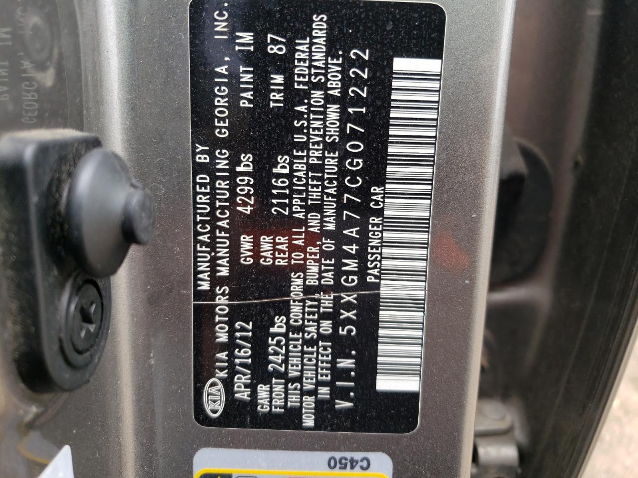 Photo 10 from auction – 2012 KIA OPTIMA LX with VIN 5XXGM4A77CG071222