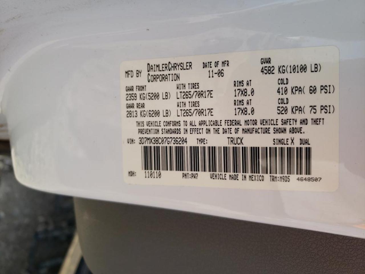 Photo 10 from auction – 2007 DODGE RAM 3500 S with VIN 3D7MX38C07G736204