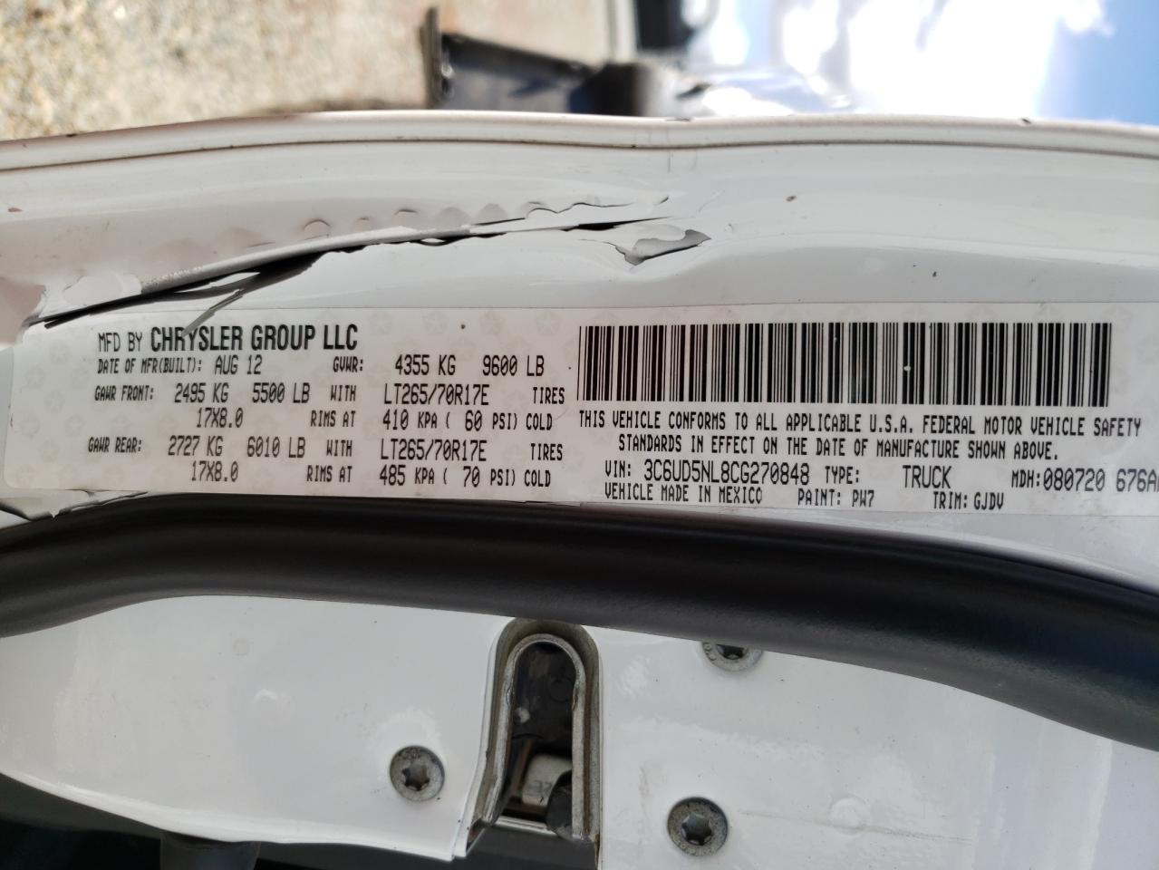 Photo 10 from auction – 2012 DODGE RAM 2500 L with VIN 3C6UD5NL8CG270848