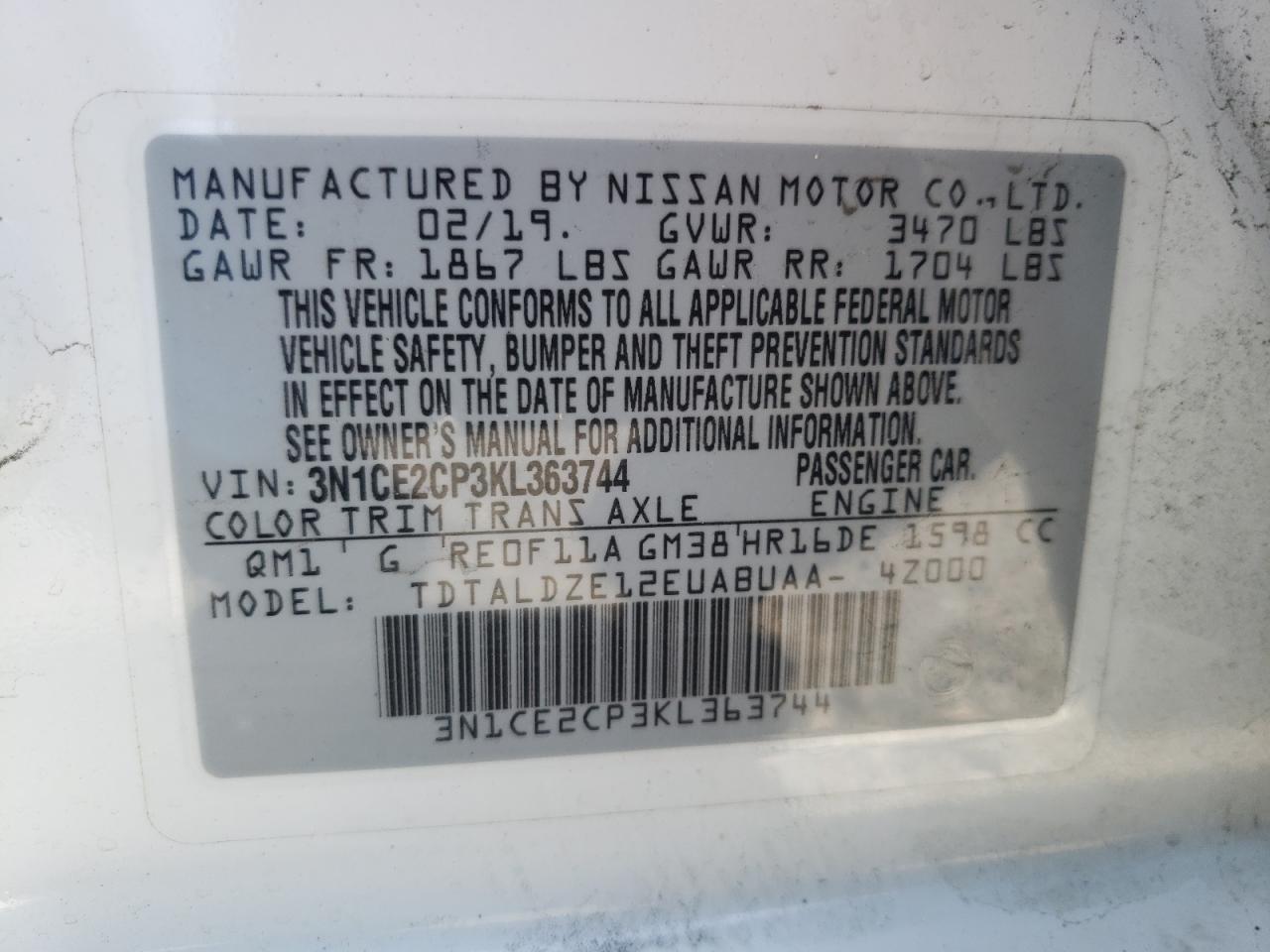 Photo 10 from auction – 2019 NISSAN VERSA NOTE with VIN 3N1CE2CP3KL363744