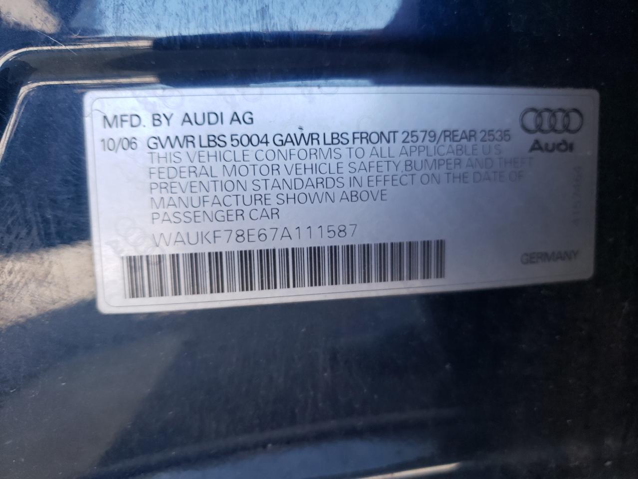 Photo 10 from auction – 2007 AUDI A4 2.0T AV with VIN WAUKF78E67A111587