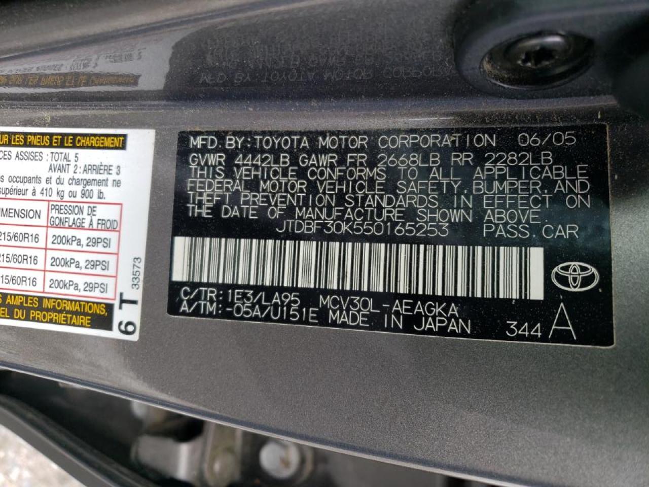 Photo 10 from auction – 2005 TOYOTA CAMRY LE with VIN JTDBF30K550165253