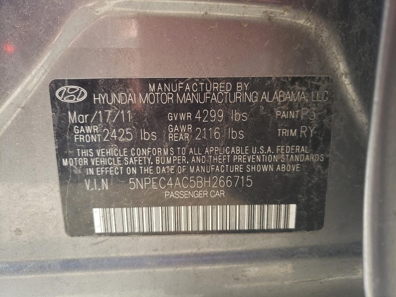 Photo 10 from auction – 2011 HYUNDAI SONATA SE with VIN 5NPEC4AC5BH266715