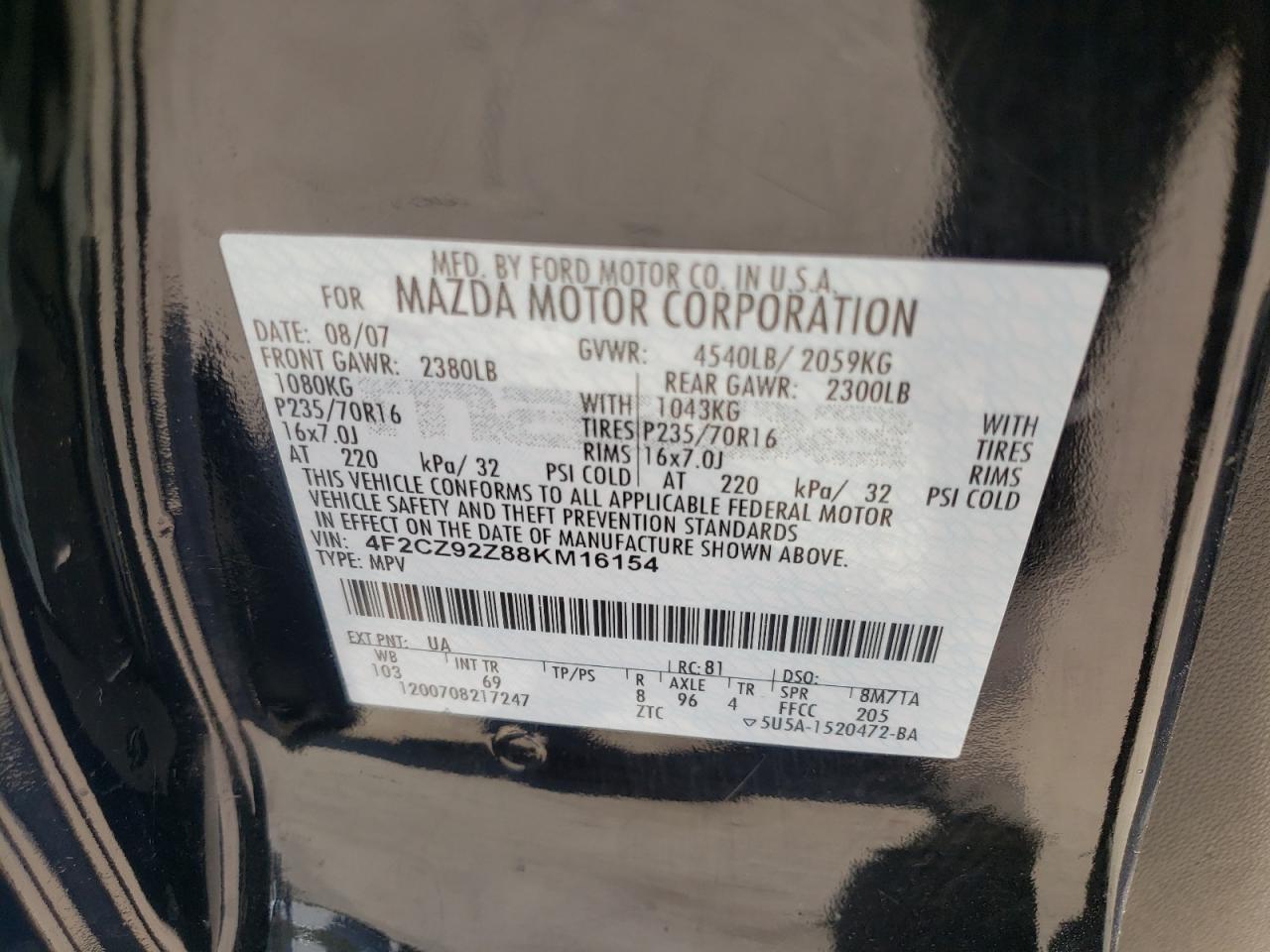 Photo 10 from auction – 2008 MAZDA TRIBUTE I with VIN 4F2CZ92Z88KM16154
