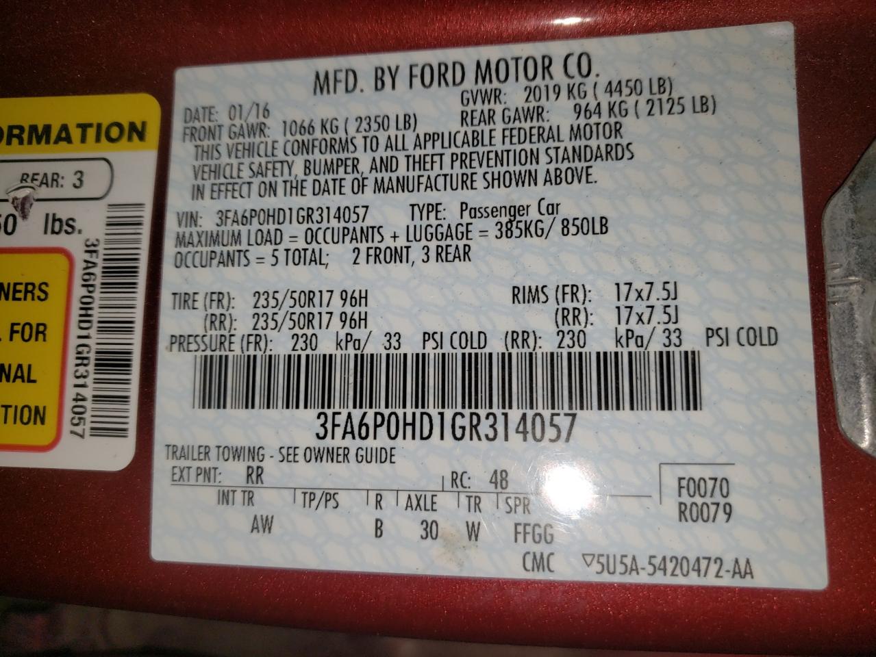 Photo 10 from auction – 2016 FORD FUSION SE with VIN 3FA6P0HD1GR314057