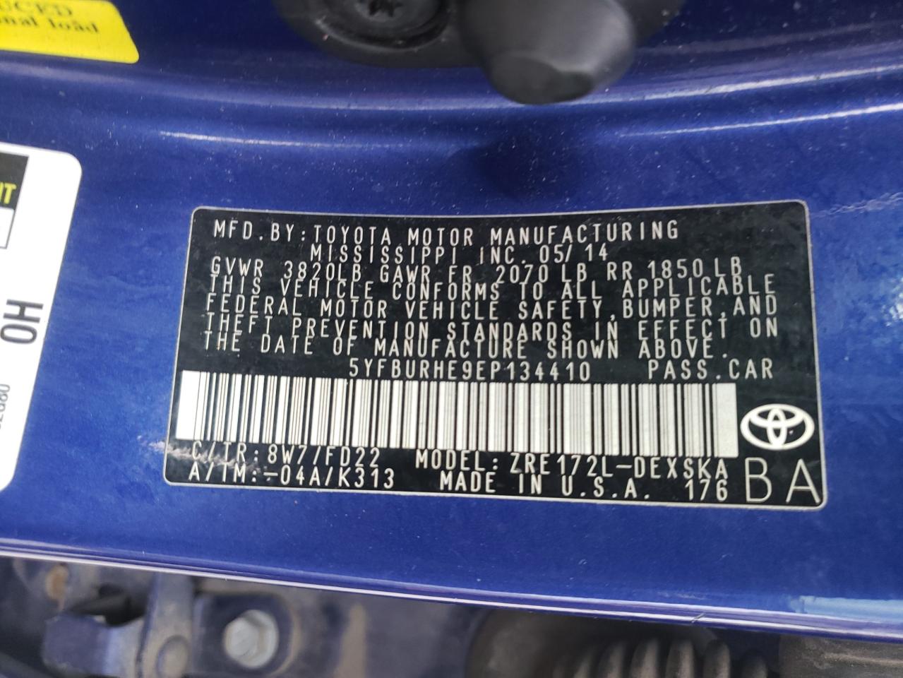 Photo 10 from auction – 2014 TOYOTA COROLLA L with VIN 5YFBURHE9EP134410