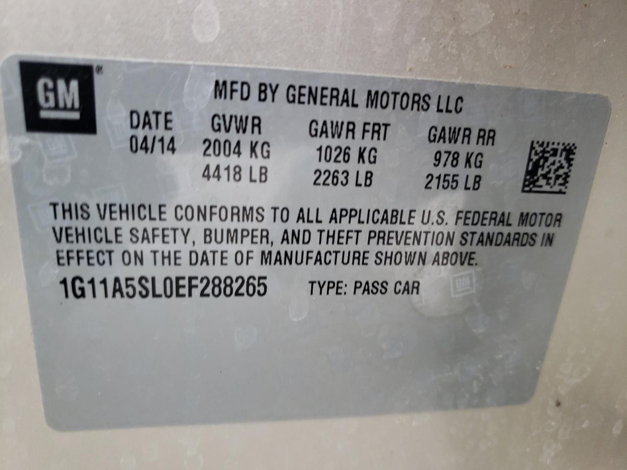 Photo 10 from auction – 2014 CHEVROLET MALIBU LS with VIN 1G11A5SL0EF288265