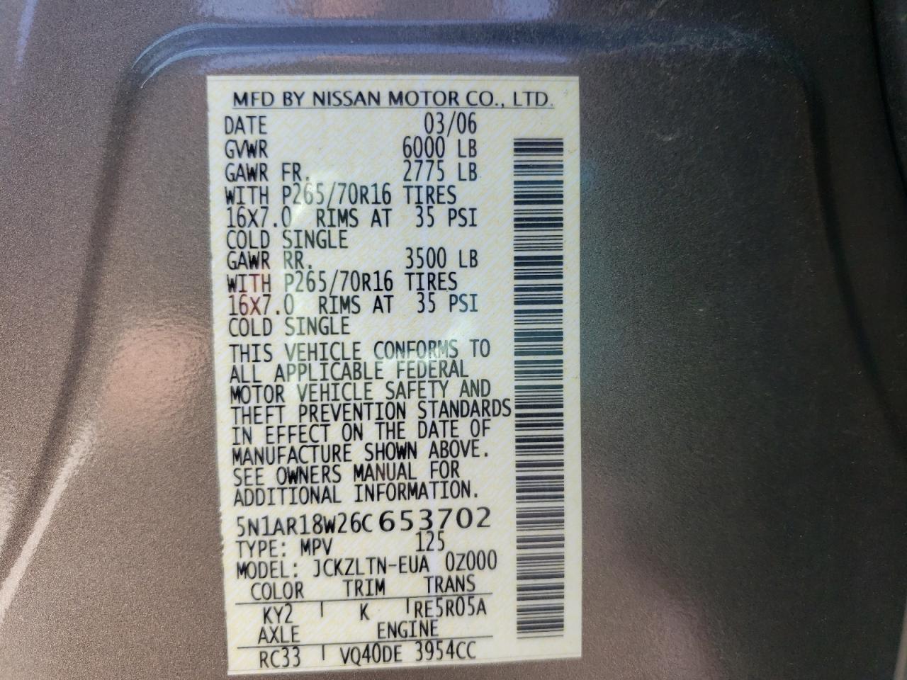 Photo 10 from auction – 2006 NISSAN PATHFINDER with VIN 5N1AR18W26C653702