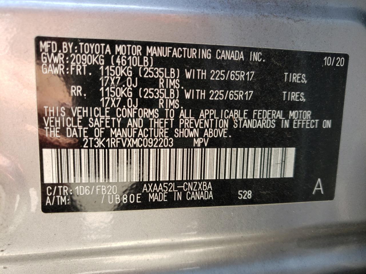 Photo 10 from auction – 2021 TOYOTA RAV4 LE with VIN 2T3K1RFVXMC092203