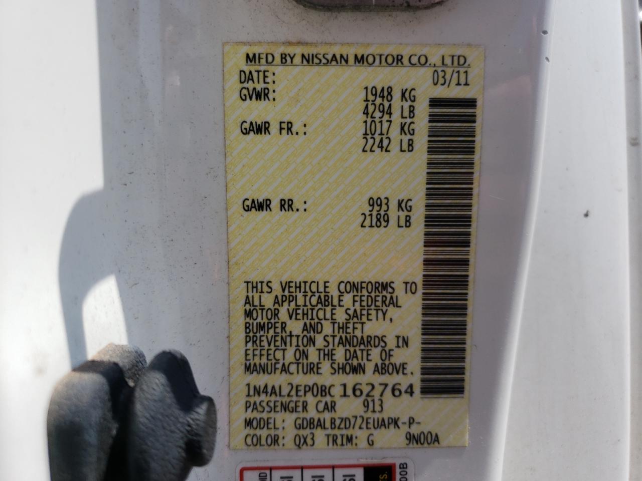 Photo 10 from auction – 2011 NISSAN ALTIMA S with VIN 1N4AL2EP0BC162764