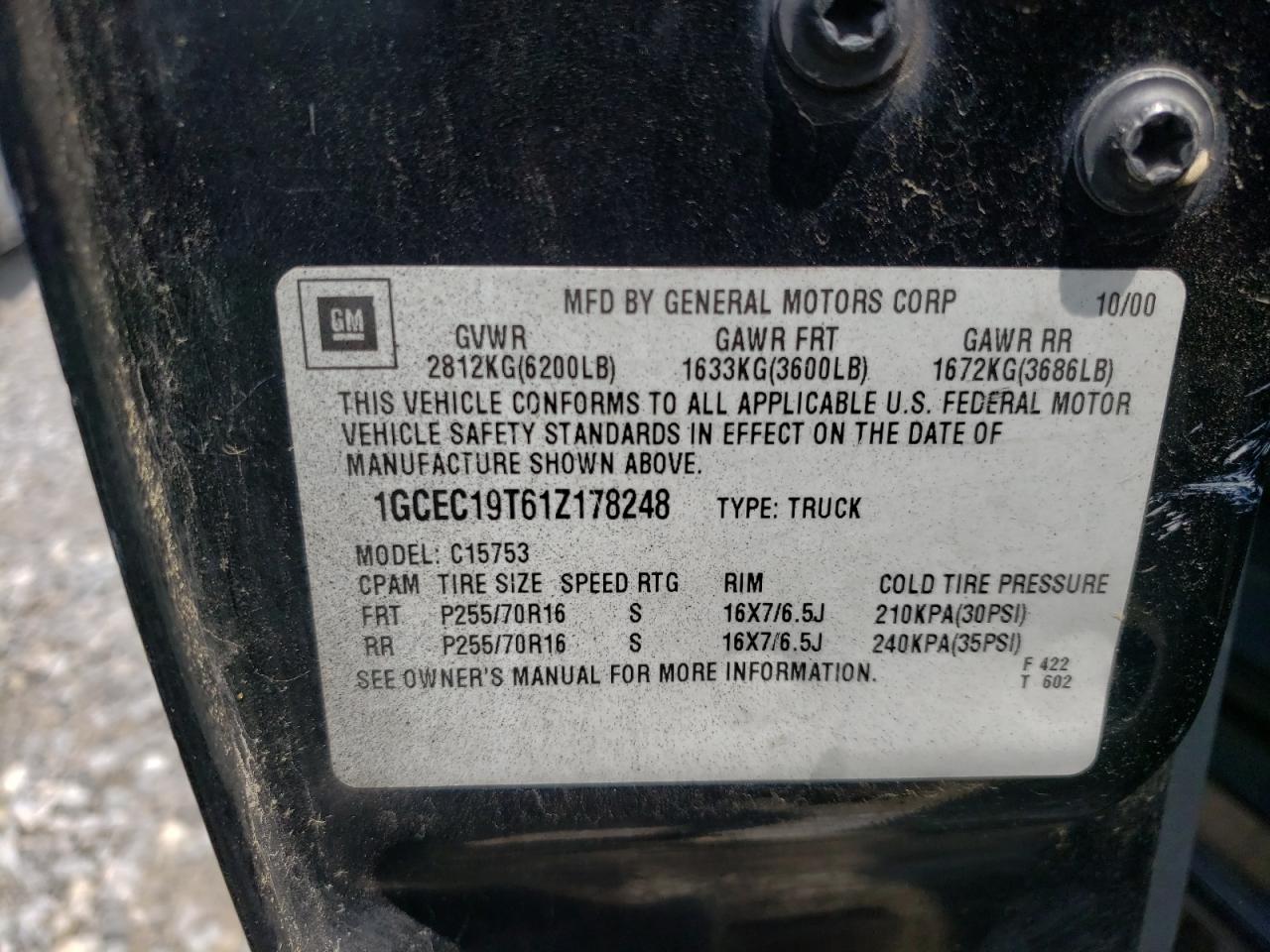 Photo 10 from auction – 2001 CHEVROLET SILVERADO with VIN 1GCEC19T61Z178248
