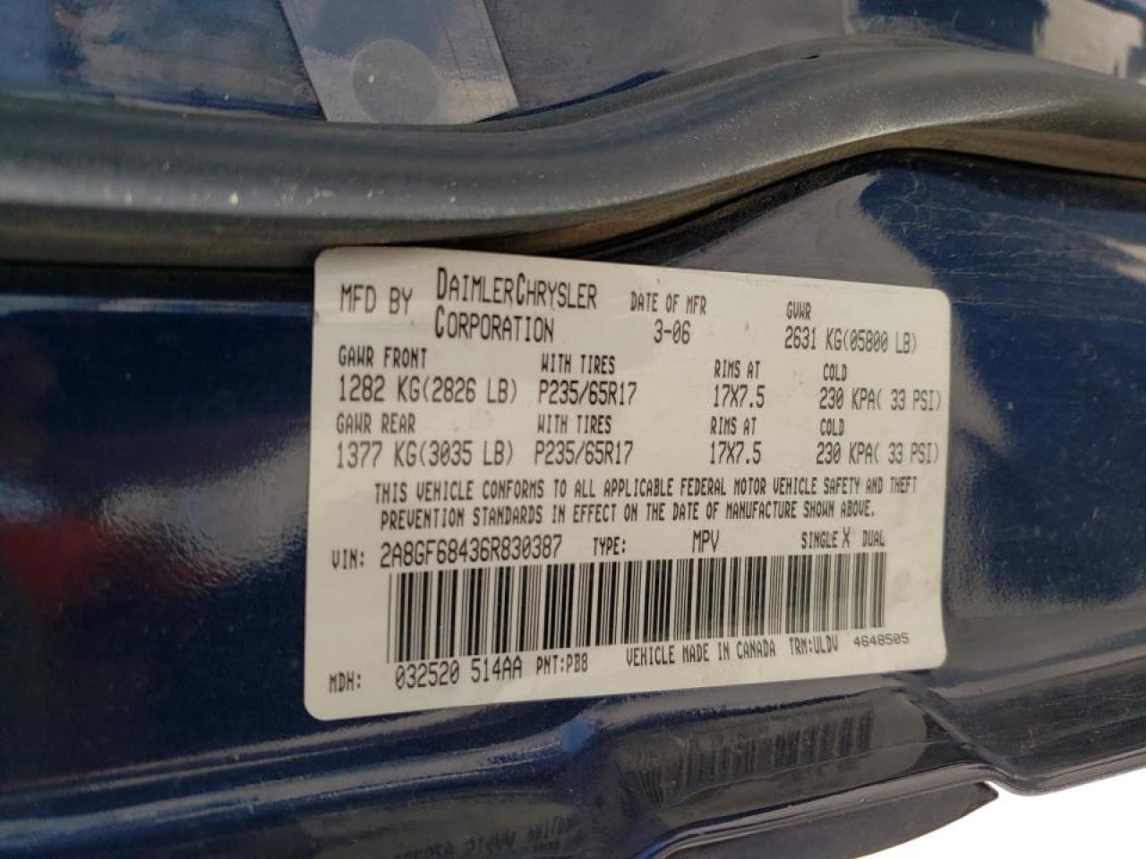 Photo 10 from auction – 2006 CHRYSLER PACIFICA T with VIN 2A8GF68436R830387