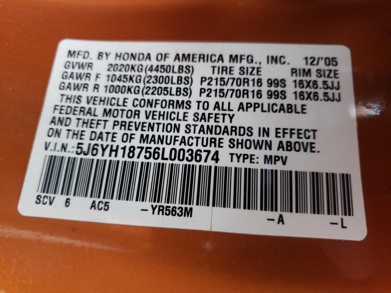 Photo 10 from auction – 2006 HONDA ELEMENT EX with VIN 5J6YH18756L003674