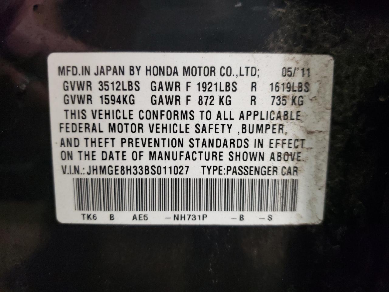 Photo 10 from auction – 2011 HONDA FIT with VIN JHMGE8H33BS011027