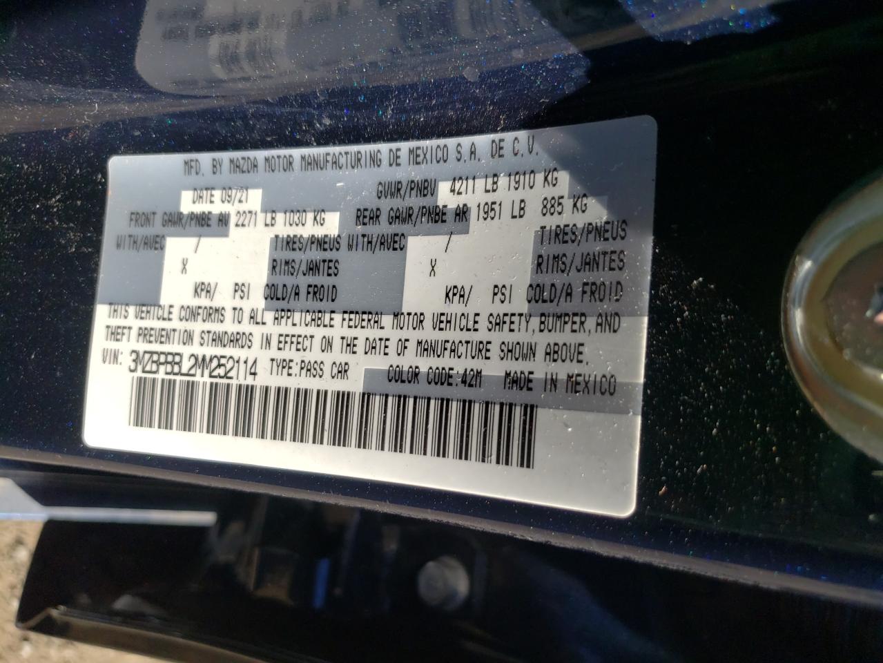 Photo 10 from auction – 2021 MAZDA 3 SELECT with VIN 3MZBPBBL2MM252114