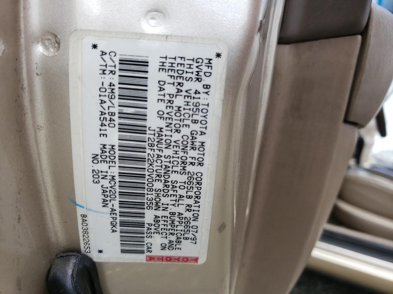 Photo 10 from auction – 1997 TOYOTA CAMRY LE with VIN JT2BF22K0V0081356