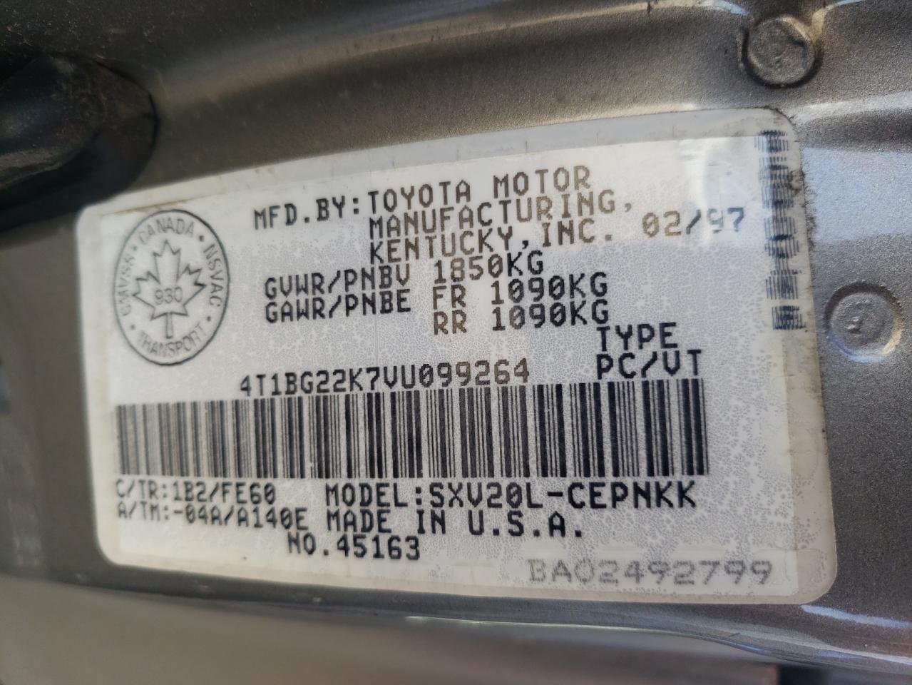 Photo 10 from auction – 1997 TOYOTA CAMRY CE with VIN 4T1BG22K7VU099264
