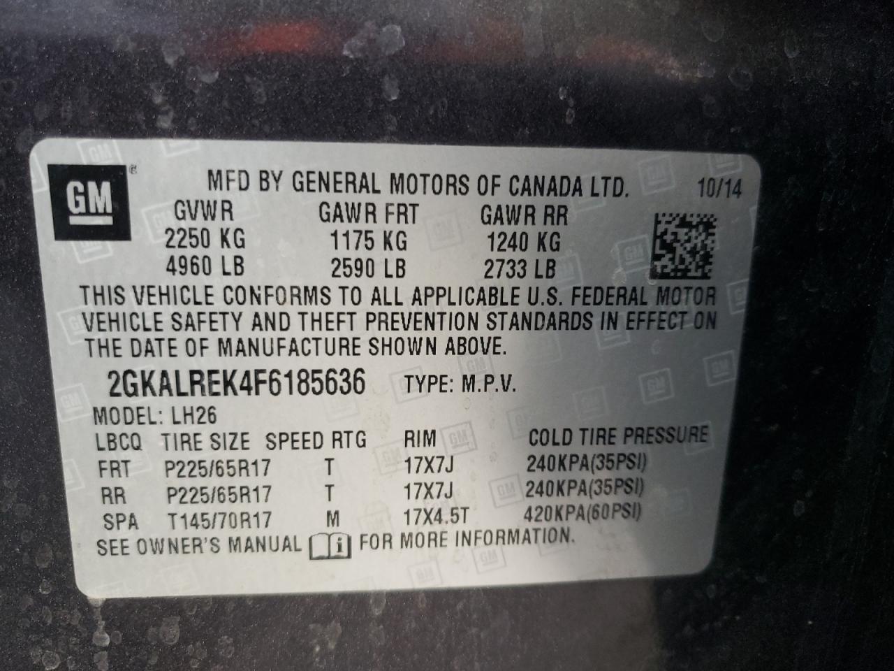 Photo 10 from auction – 2015 GMC TERRAIN SL with VIN 2GKALREK4F6185636