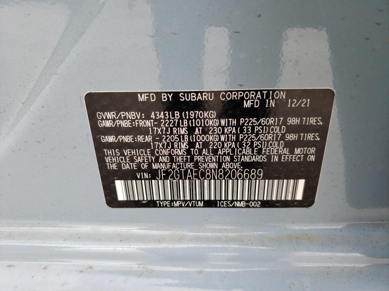 Photo 20 from auction – 2022 SUBARU CROSSTREK with VIN JF2GTAEC8N8206689