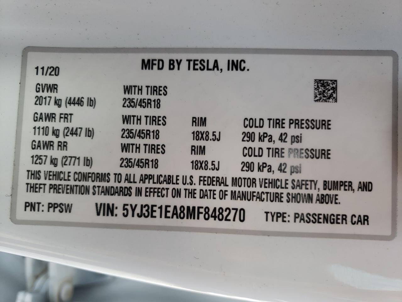 Photo 10 from auction – 2021 TESLA MODEL 3 with VIN 5YJ3E1EA8MF848270