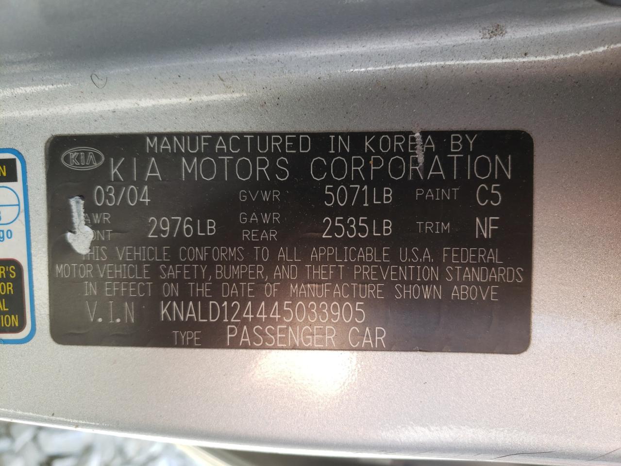 Photo 10 from auction – 2004 KIA AMANTI with VIN KNALD124445033905