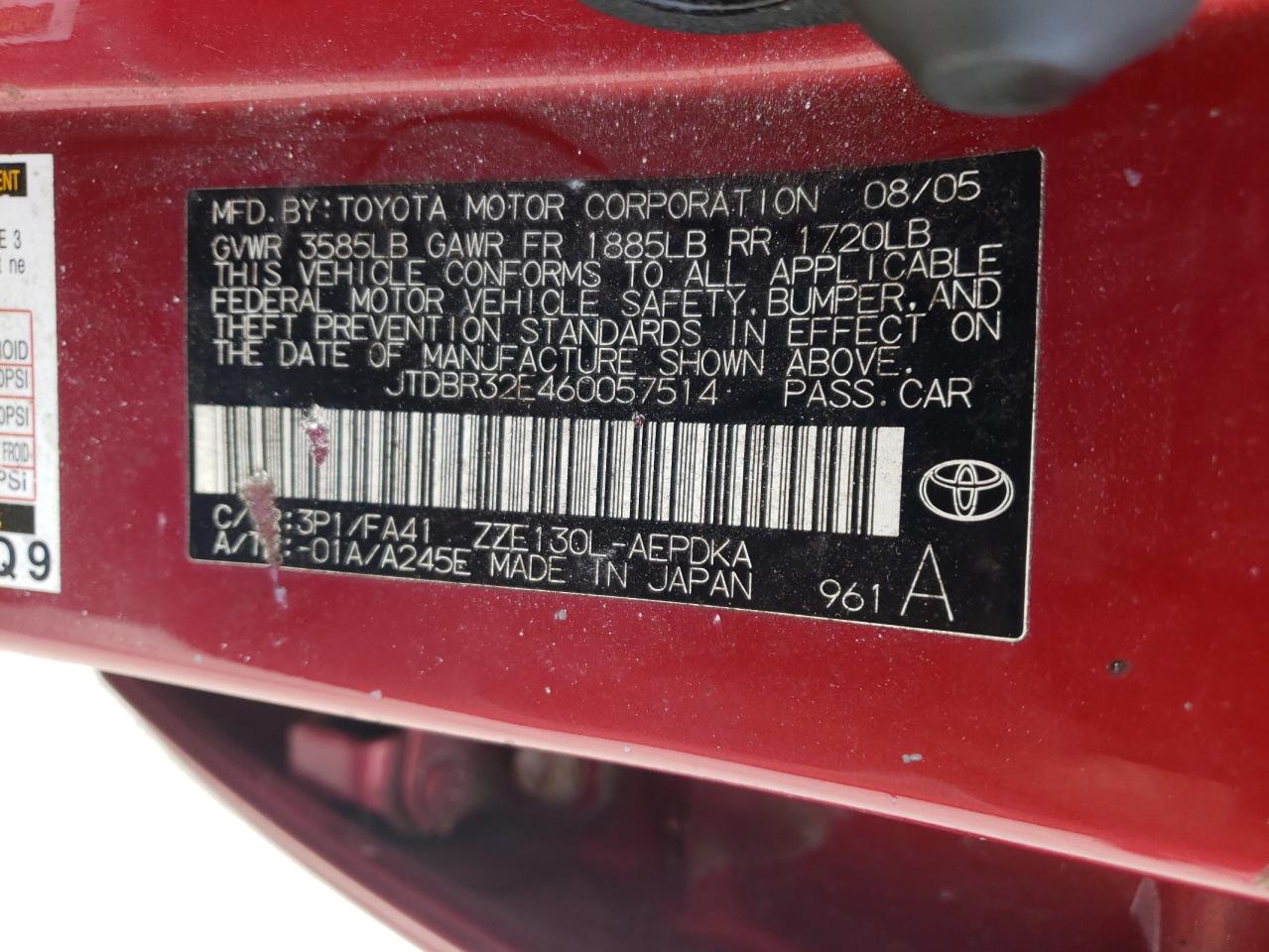 Photo 10 from auction – 2006 TOYOTA COROLLA CE with VIN JTDBR32E460057514