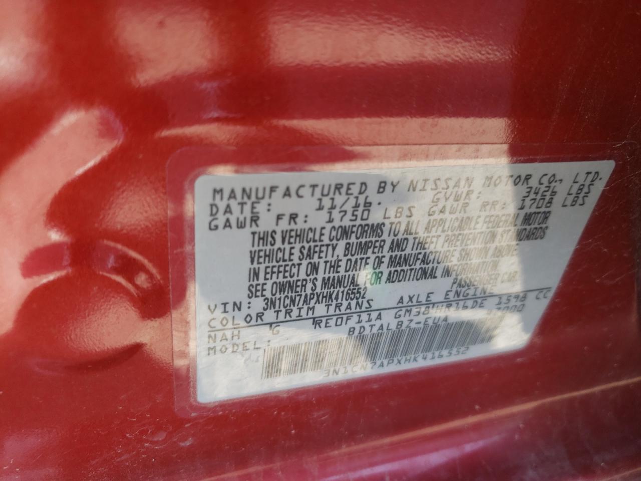 Photo 10 from auction – 2017 NISSAN VERSA S with VIN 3N1CN7APXHK416552