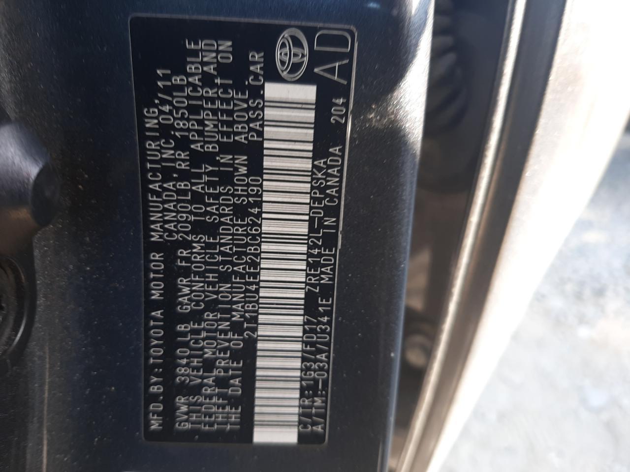 Photo 10 from auction – 2011 TOYOTA COROLLA BA with VIN 2T1BU4EE2BC624190