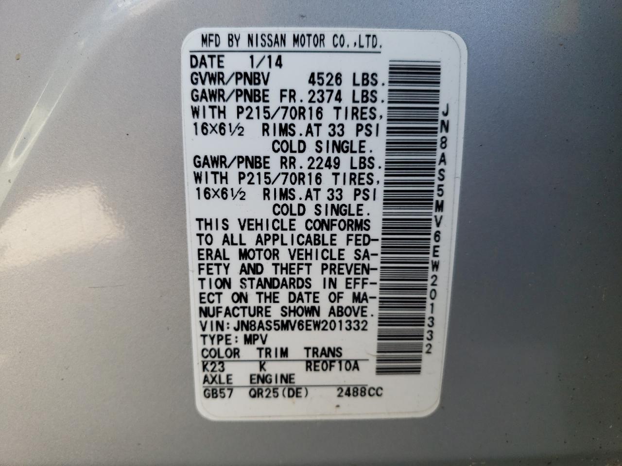 Photo 10 from auction – 2014 NISSAN ROGUE with VIN JN8AS5MV6EW201332